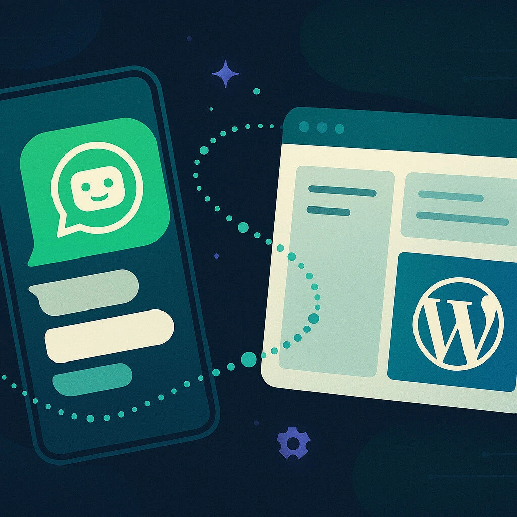 Illustration showing how to integrate Meta WhatsApp AI agent with a WordPress website for business automation.