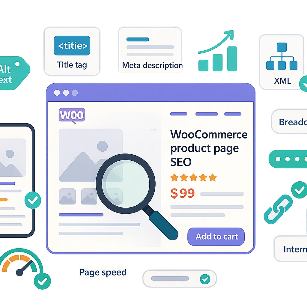 Graphic showing WooCommerce product page with SEO icons, charts, and growth arrows representing better search optimization.